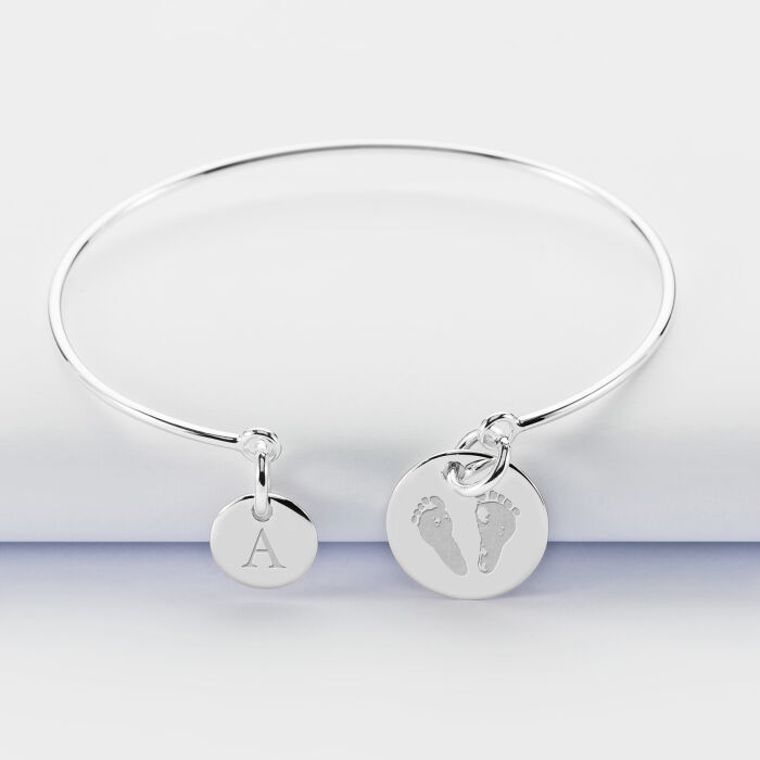 Bracelet personnalisé jonc argent médaille gravée 15 mm et breloque ronde 10 mm - empreintes