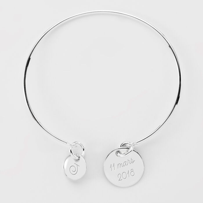 Bracelet personnalisé jonc argent médaille gravée 15 mm et breloque ronde 10 mm - texte