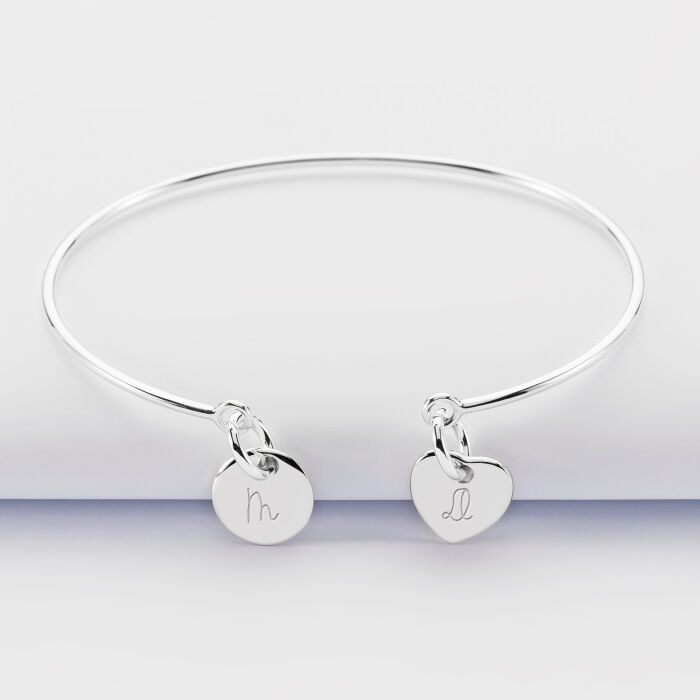 Personalised bangle with engraved round silver initials medallions and 10mm - 1