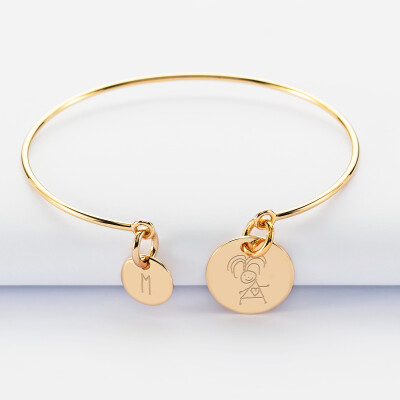 Bracelet personnalisé jonc plaqué or médaille gravée 15 mm et breloque ronde 10 mm - dessin