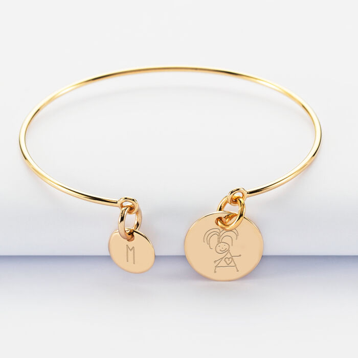 Personalised gold plated engraved 15mm bangle and round 10mm charm - sketch