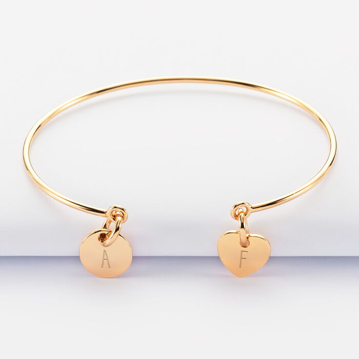 Personalised bangle with engraved round gold plated initials medallions and 10mm - 1