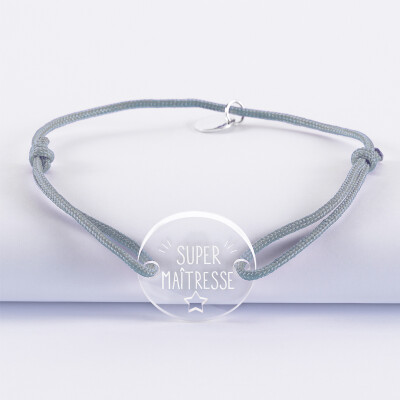 Bracelet médaille gravée bois ronde 21 mm - Edition spéciale "Super maîtresse" gris