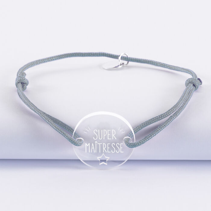 Bracelet médaille gravée bois ronde 21 mm - Edition spéciale "Super maîtresse" gris