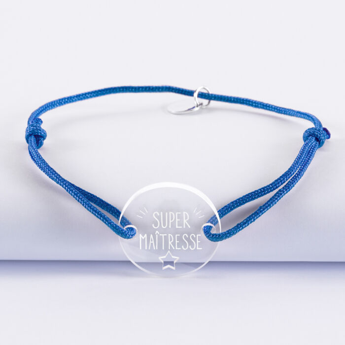 Bracelet médaille gravée bois ronde 21 mm - Edition spéciale "Super maîtresse" bleu