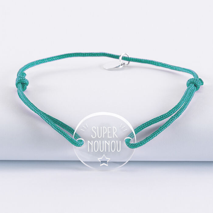 Bracelet médaille gravée bois ronde 21 mm - Edition spéciale "Super Nounou" vert