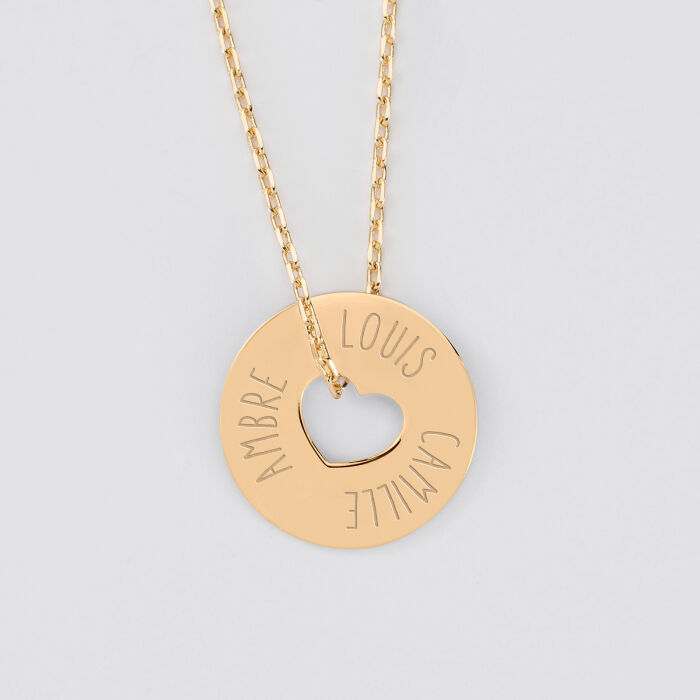 Pendentif personnalisé médaille gravée plaqué or cible coeur 21 mm - prénoms 2