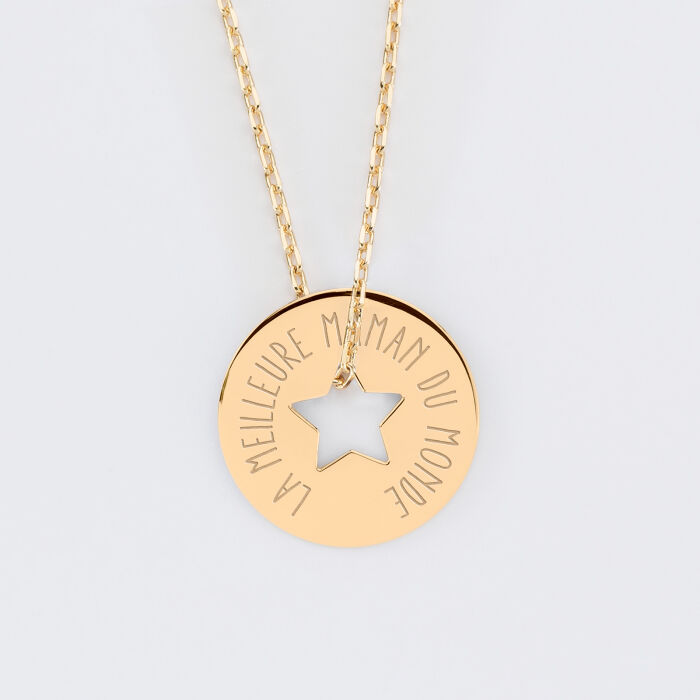 Pendentif personnalisé médaille gravée plaqué or cible etoile 21 mm - texte gravure