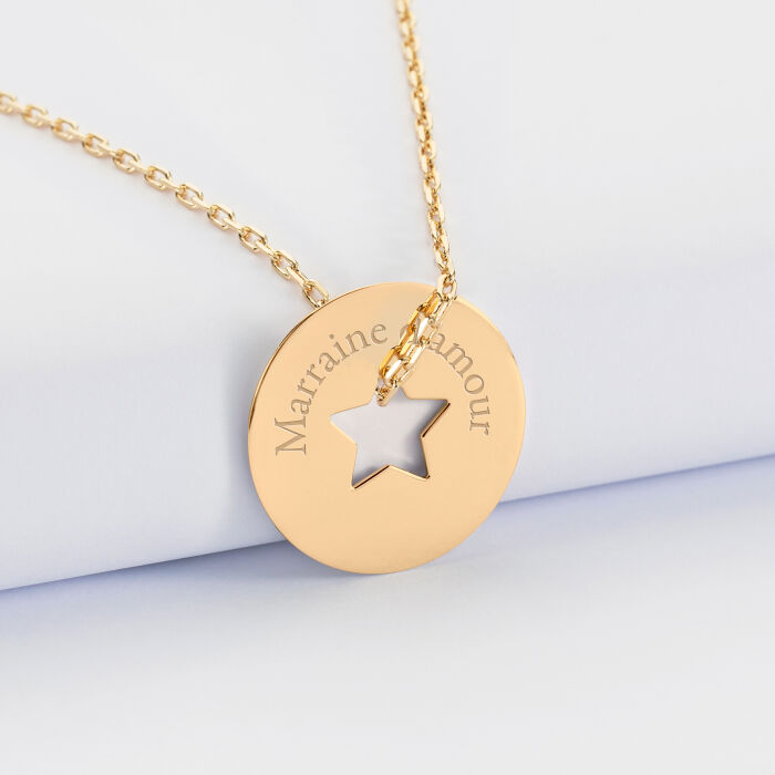 Pendentif personnalisé médaille gravée plaqué or cible etoile 21 mm - texte 2
