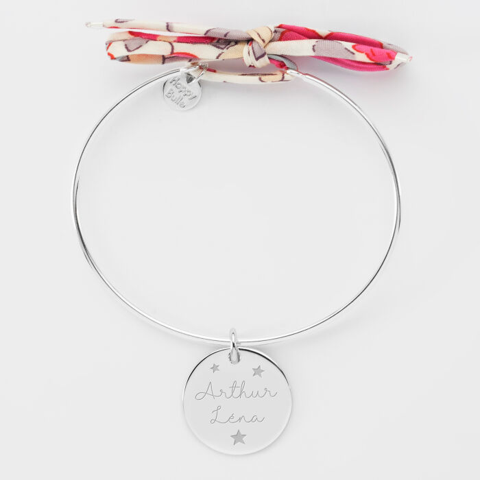Bracelet personnalisé jonc argent et cordon Liberty médaille gravée 19 mm - prénoms