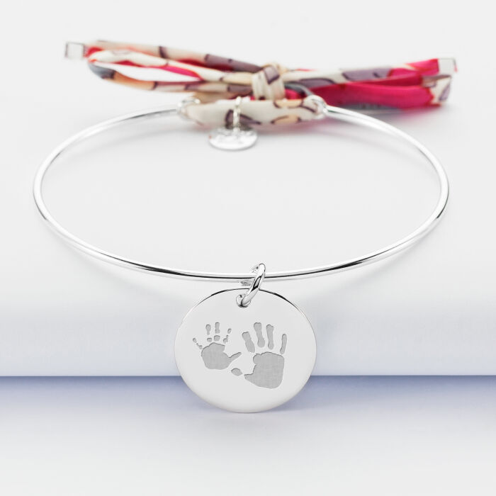 Bracelet personnalisé jonc argent et cordon Liberty médaille gravée 19 mm - empreintes