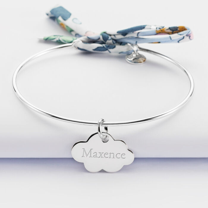 Personalised silver and Liberty cord bangle bracelet and 19 mm engraved cloud medallion 20x14 mm - name