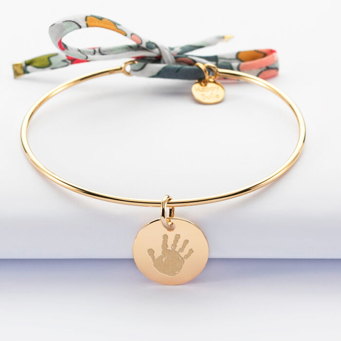 Bracelet personnalisé jonc plaqué or et cordon Liberty médaille gravée 15 mm - empreinte