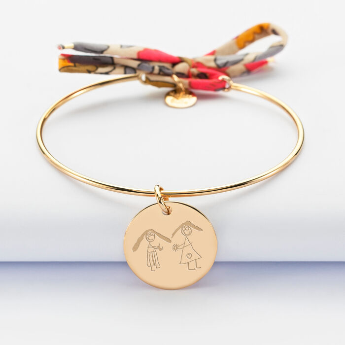 Bracelet personnalisé jonc plaqué or et cordon Liberty médaille gravée 19 mm - dessin