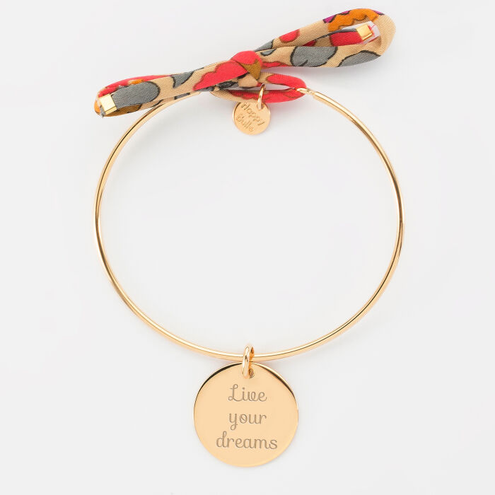 Bracelet personnalisé jonc plaqué or et cordon Liberty médaille gravée 19 mm - texte
