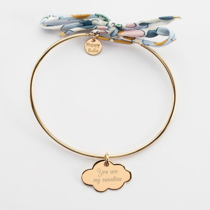 Bracelet personnalisé jonc plaqué or et cordon Liberty médaille gravée nuage 20x14  mm - texte