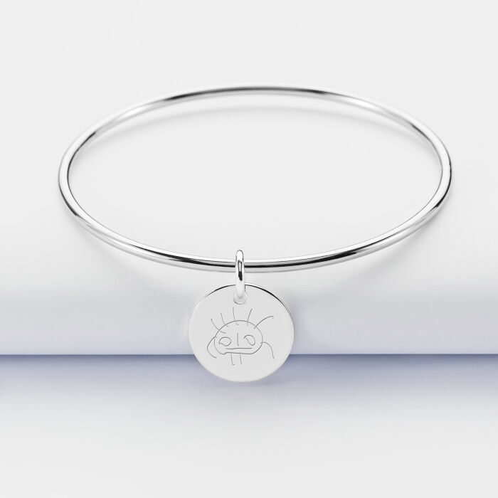 Personalised silver children's bangle and 15 mm engraved medallion - sketch