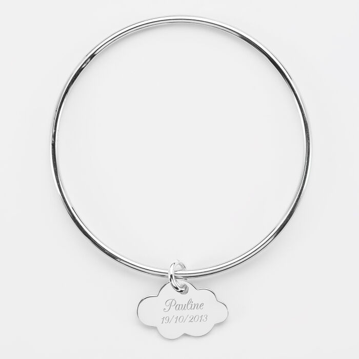 Bracelet enfant personnalisé jonc argent médaille gravée nuage 20x14 mm - date