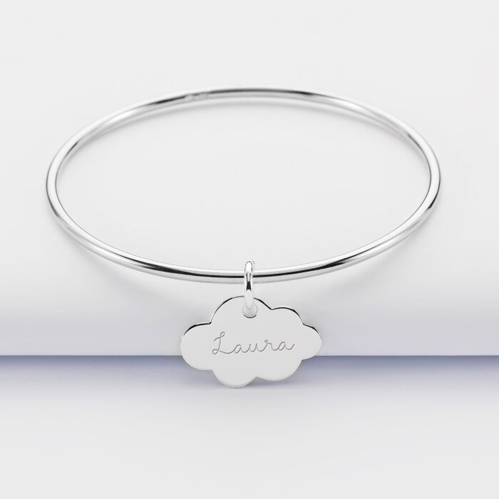 Bracelet enfant personnalisé jonc argent médaille gravée nuage 20x14 mm - prenom