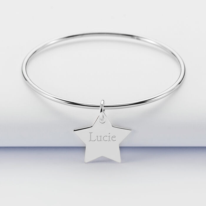 Personalised silver children's bangle and engraved star medallion 20x20 mm - name