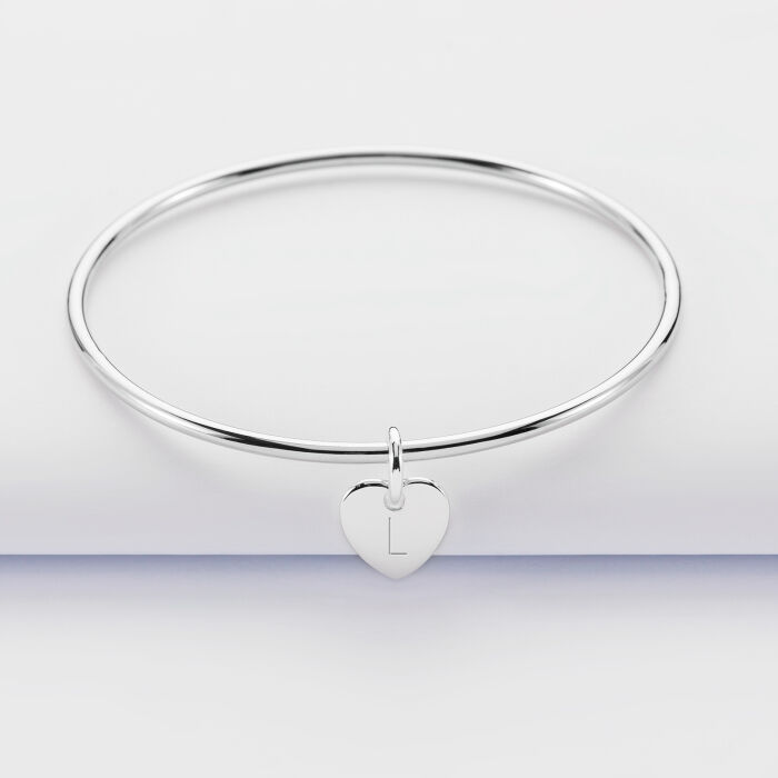Personalised silver children's bangle and 10 mm engraved initial heart medallion - 1