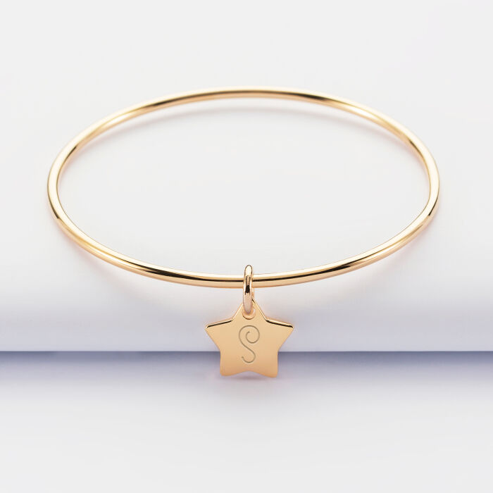 Personalised gold plated children's bangle and 12 mm engraved initial star medallion - 1