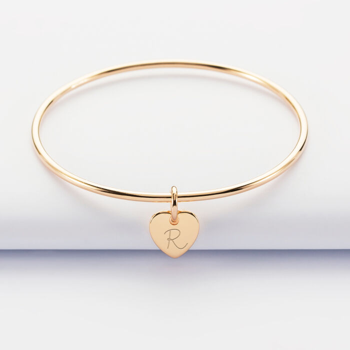 Personalised gold plated children's bangle and 10 mm engraved initial heart medallion - 1