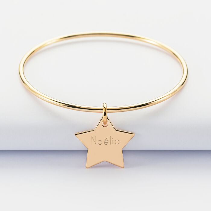 Personalised gold plated children's bangle and engraved star medallion 20x20mm - name