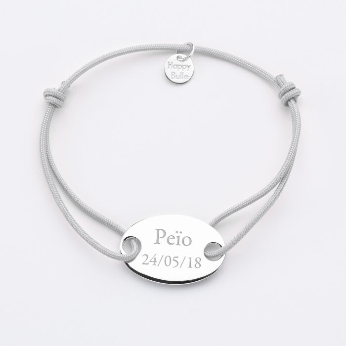 Gents single cord bracelet with personalised engraved oval 2-hole silver medallion 25x16mm - text
