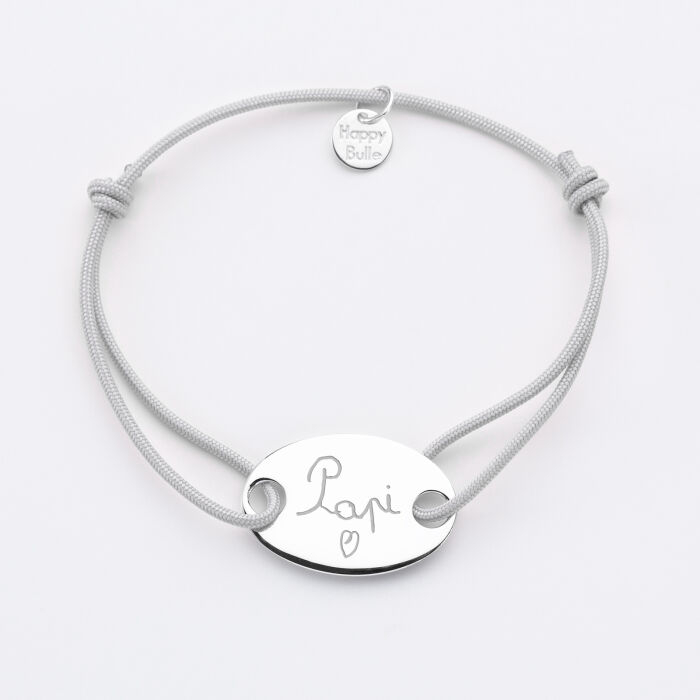 Gents single cord bracelet with personalised engraved oval 2-hole silver medallion 25x16mm - writing