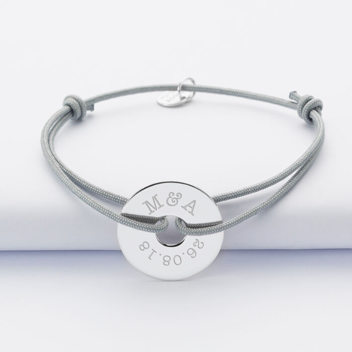 Bracelet homme personnalisé cordon simple médaille gravée argent cible 20 mm - initiales et date