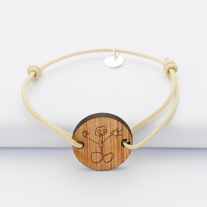 Bracelet homme personnalisé cordon simple médaille gravée bois ronde 2 trous 21 mm - dessin