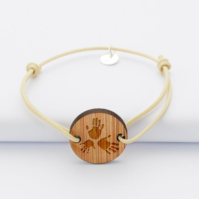 Bracelet homme personnalisé cordon simple médaille gravée bois ronde 2 trous 21 mm - empreintes