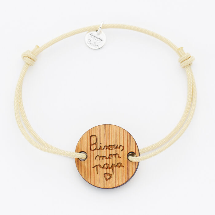 Bracelet homme personnalisé cordon simple médaille gravée bois ronde 2 trous 21 mm - écrits