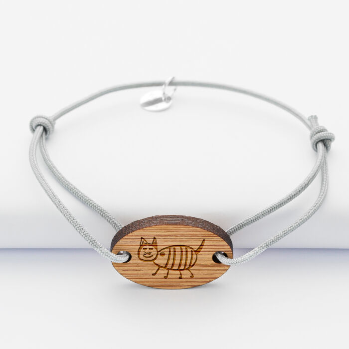 Gents single cord bracelet with personalised engraved oval 2-hole wooden medallion 25x17mm - sketch