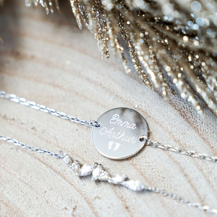 Duetto di bracciali personalizzati catena barretta scintillante medaglietta incisa argento 2 buchi 15 mm