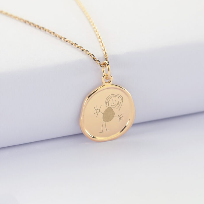 Pendentif enfant personnalisé médaille cachet gravée plaqué or 17 mm - dessin