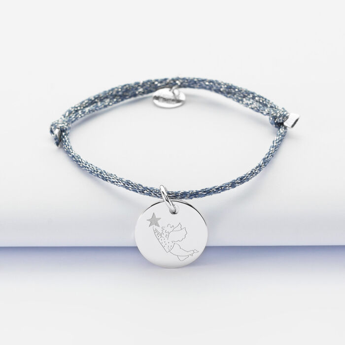 Bracelet enfant personnalisé cordon pailleté médaille gravée argent 15 mm - HappyBulle x MyLovelyThing - ange étoile