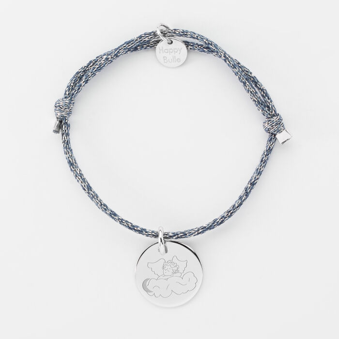 Bracelet enfant personnalisé cordon pailleté médaille gravée argent 15 mm - HappyBulle x MyLovelyThing - ange nuage