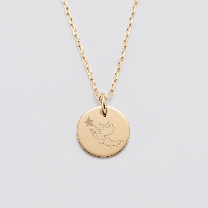 Pendentif enfant personnalisé médaille gravée plaqué or 15 mm - HappyBulle x MyLovelyThing - Ange étoile