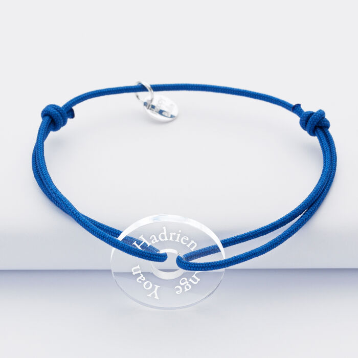 Bracelet homme personnalisé cordon simple médaille gravée acrylique cible 21 mm - prénoms