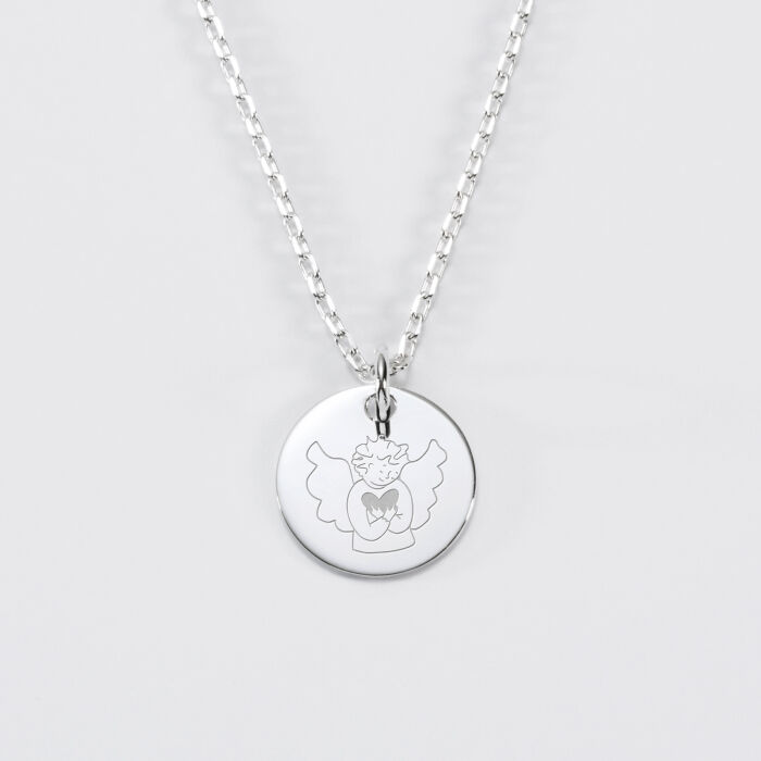 Pendentif enfant personnalisé médaille gravée argent  15 mm - HappyBulle x MyLovelyThing - ange calin