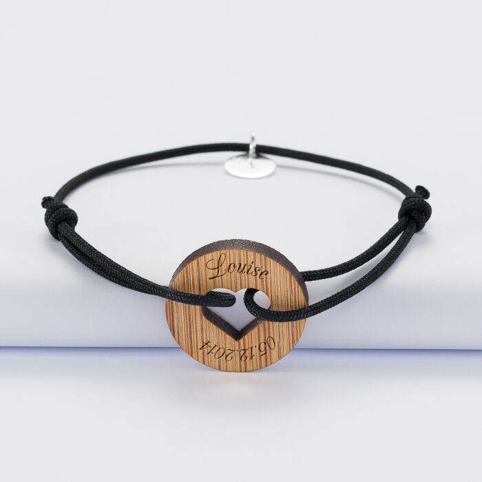 Bracelet personnalisé médaille gravée bois cible coeur 21 mm - prénom 3