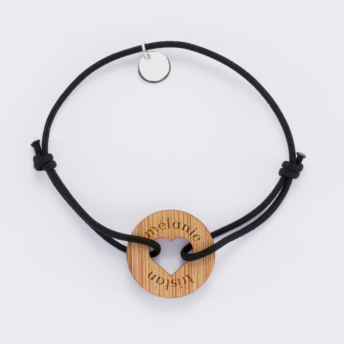 Bracelet personnalisé médaille gravée bois cible coeur 21 mm - prénom 4