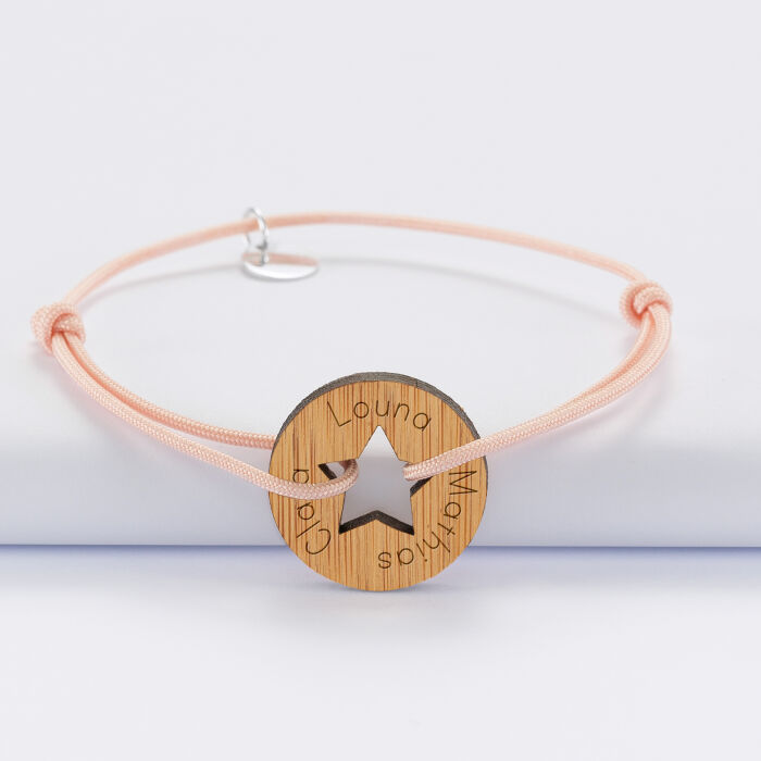 Bracelet personnalisé médaille gravée bois cible étoile 21 mm - prénom