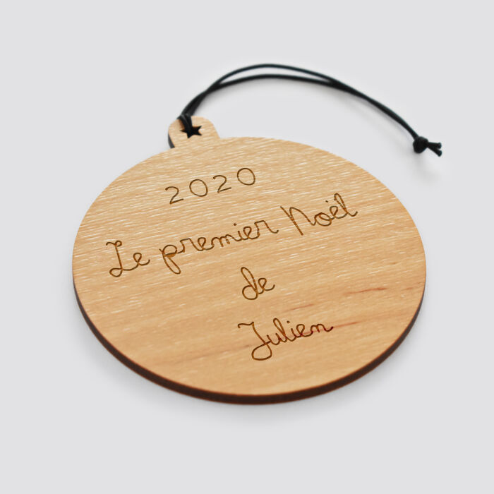 Boule de Noël personnalisée gravée bois ronde texte