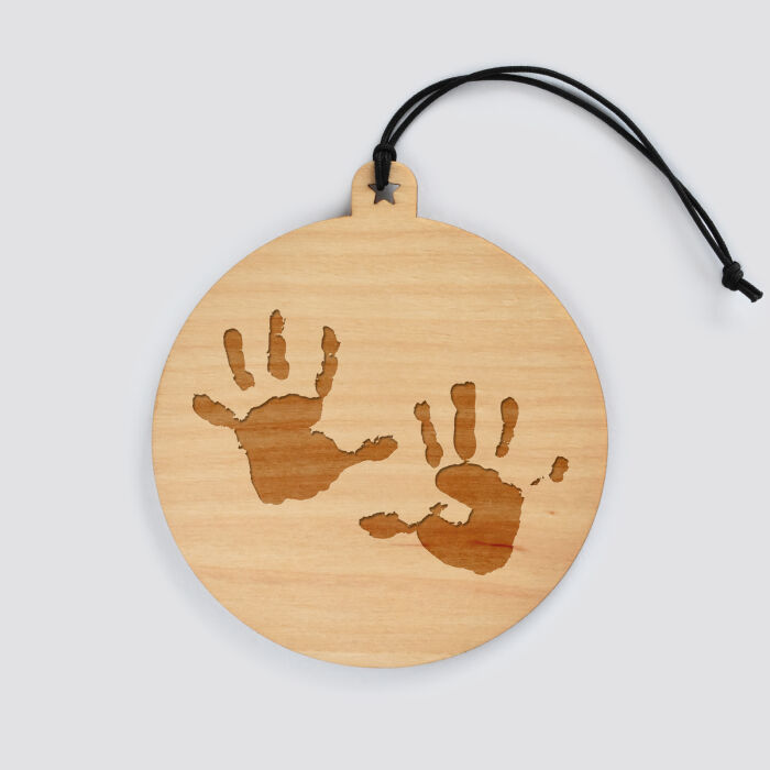 Boule de Noël personnalisée gravée bois ronde - empreintes