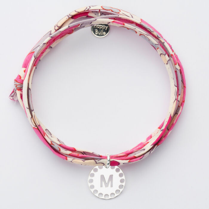Bracelet 3 tours Liberty personnalisé médaille lettre initiale dentelle argent 14 mm 2
