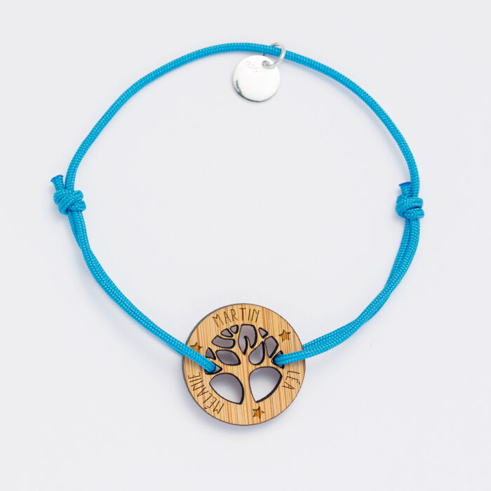Bracelet personnalisé médaille gravée bois arbre de vie 20 mm - prénoms 2