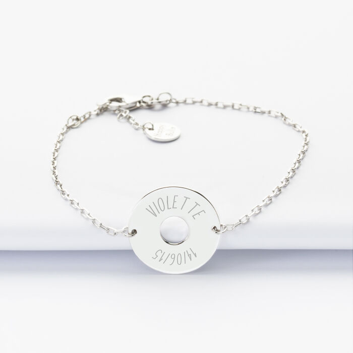 Bracelet chaîne personnalisé médaille gravée argent cible 2 trous 18 mm - prénom et date